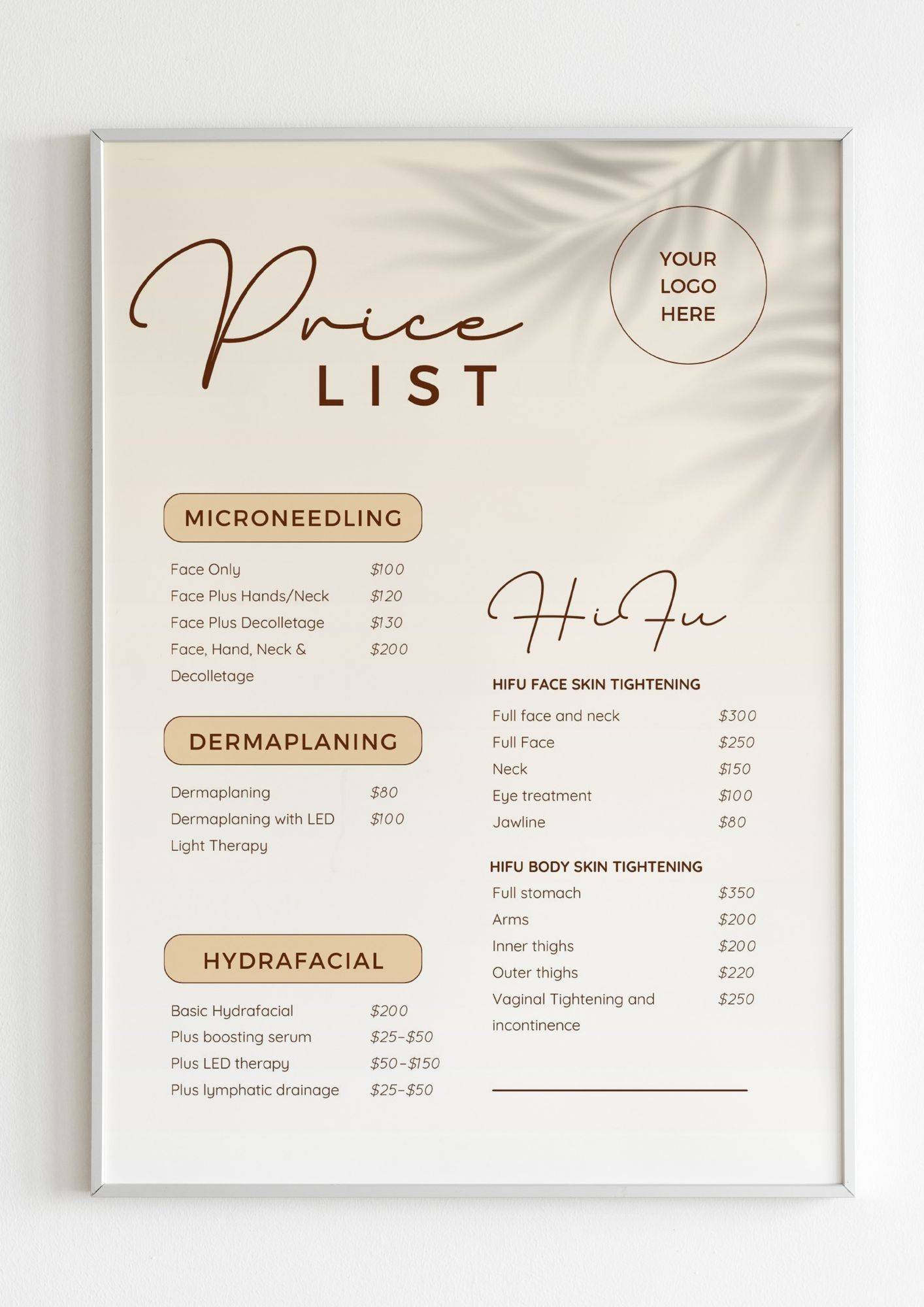 PRICE LIST Microneedling, Dermaplaning, HIFU, HydraFacial